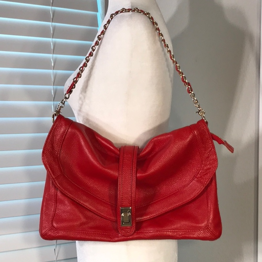 Boutique Red Slouch Tote W/ Gold Chain Detail